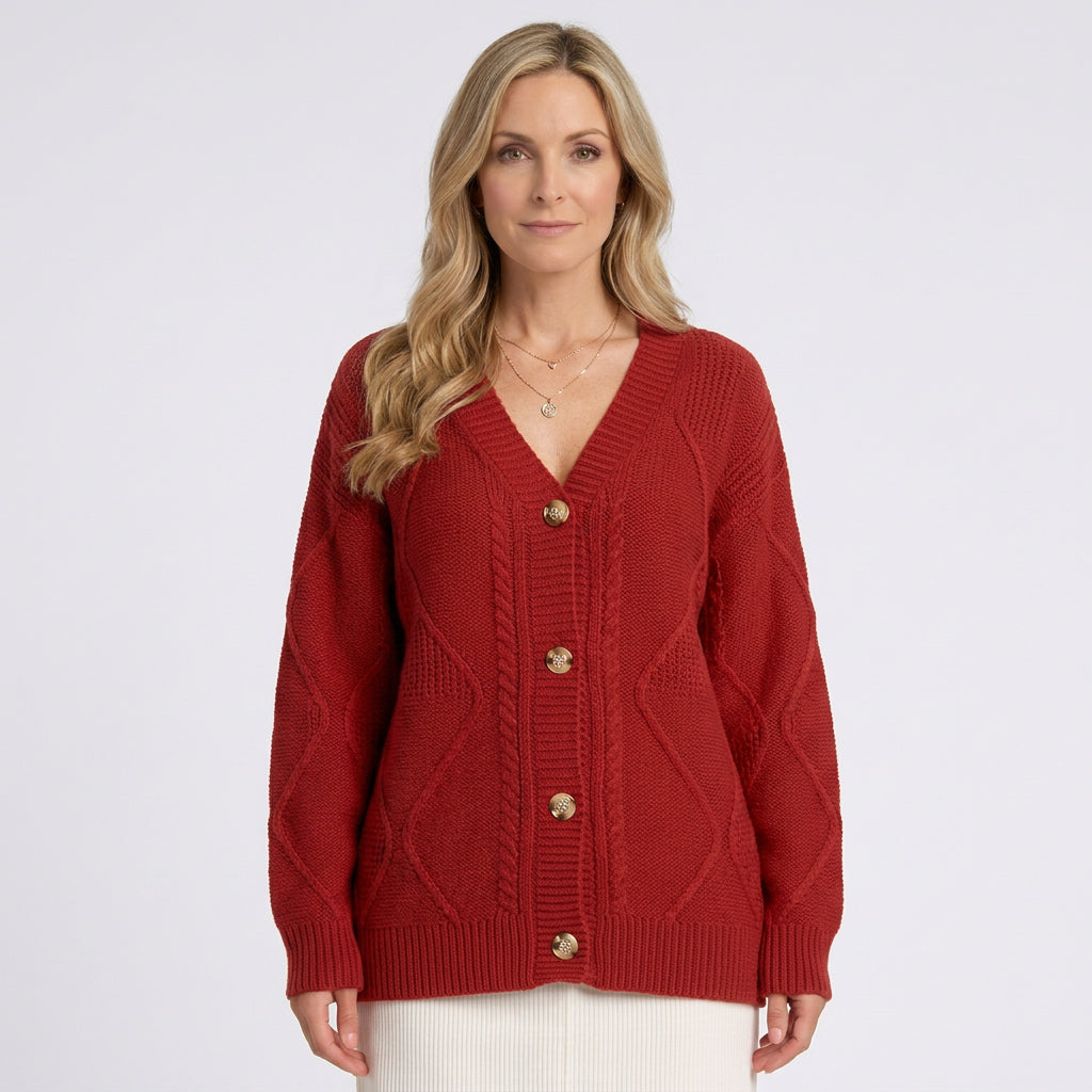 Women Cable Knit Cardigan V Neck Button Front Casual Everyday