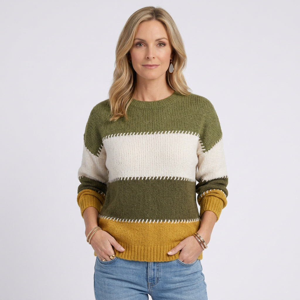Women Color Block Knit Sweater Long Sleeve Casual Everyday