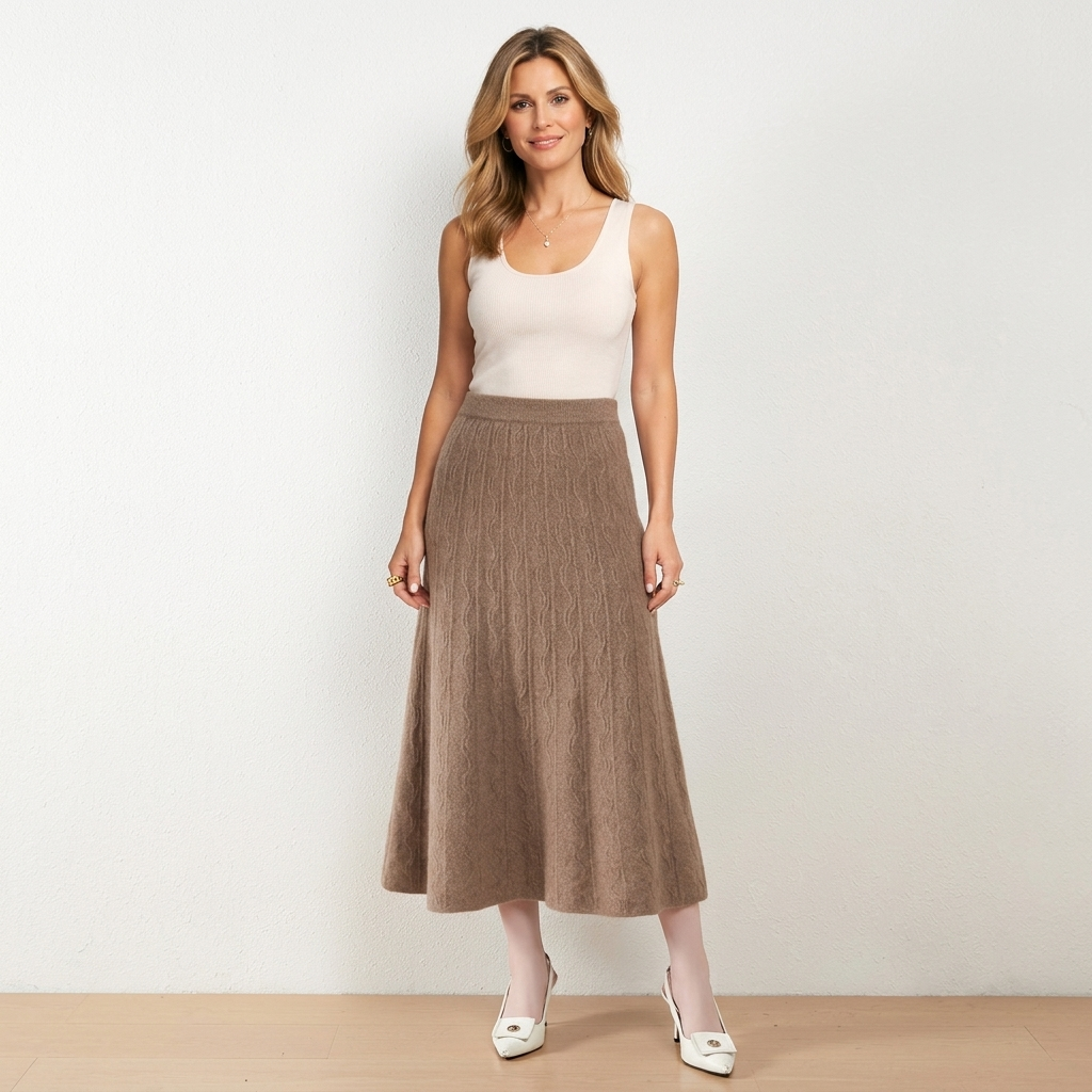 Women’s Knitted A Line Midi Skirt – Cable Knit Long Skirt